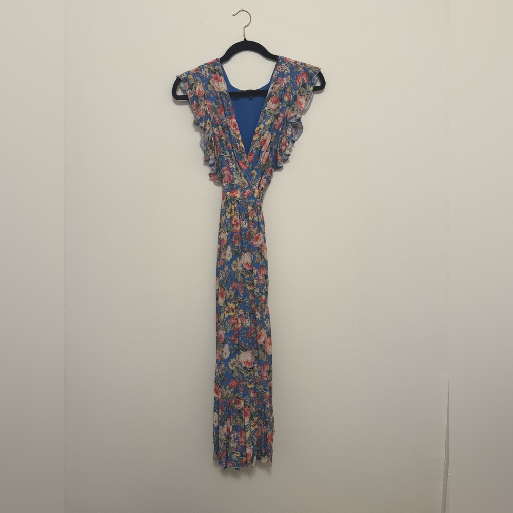 MAJORELLE Floral Ruffle Maxi Dress in Blue and Pink